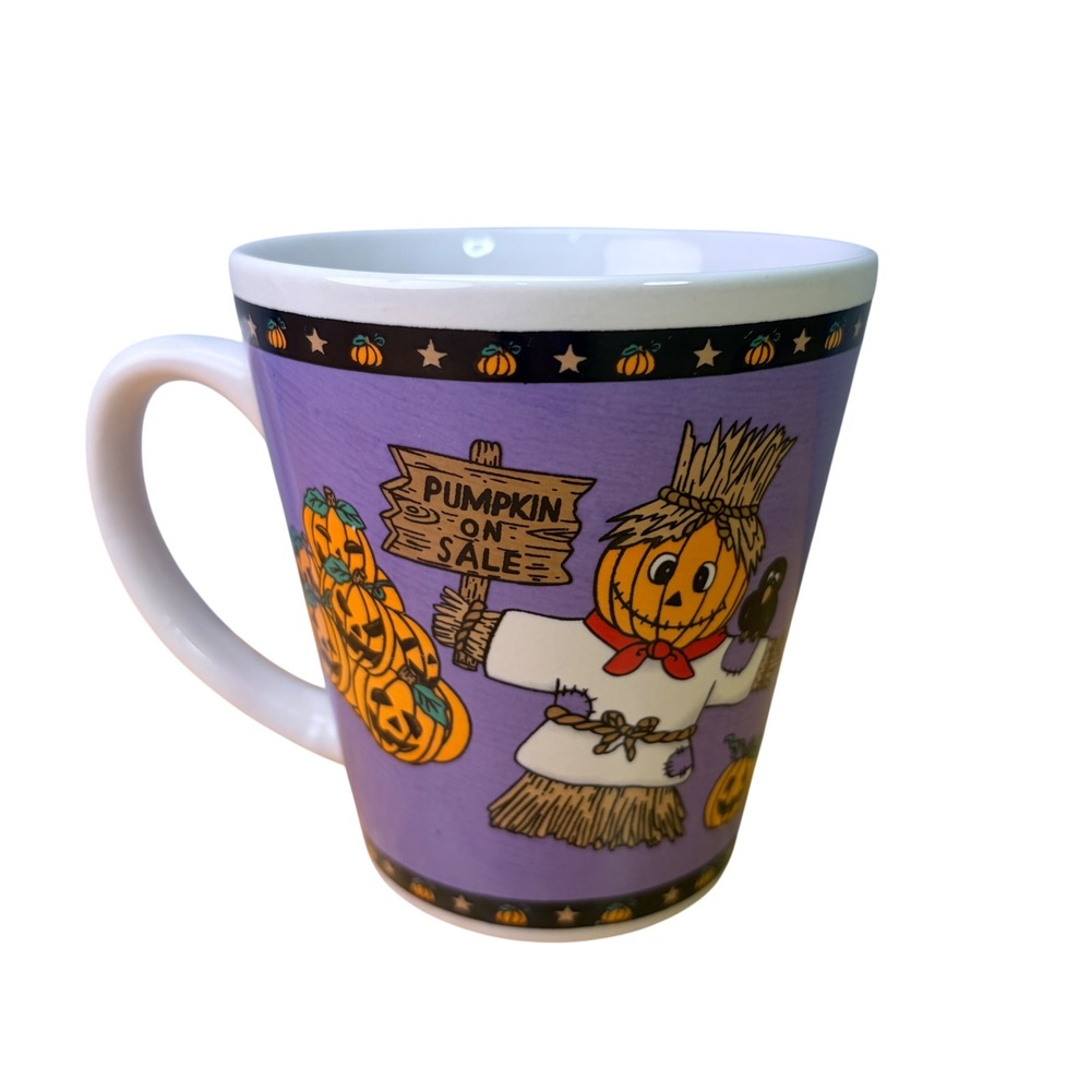 Halloween Scarecrow Pumpkin Coffee Mug Purple Fall Harvest Latte Cup Oven Safe